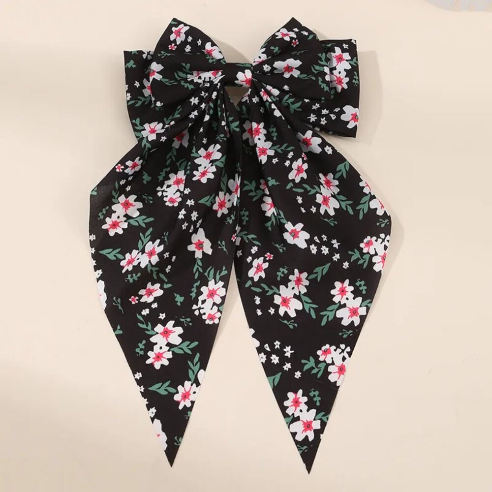 New Edwardian Black and Pink Floral Fabric Long Hair Bow Clip - Picture 2 of 3